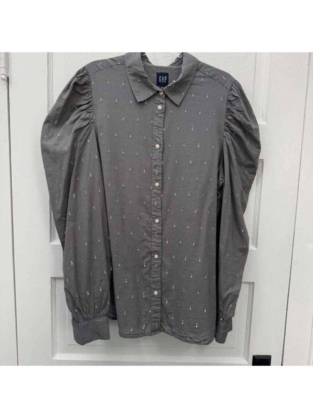 GAP Womens Large Tall Pilot Grey Cotton Embroidered Puff Sleeve Button Shirt